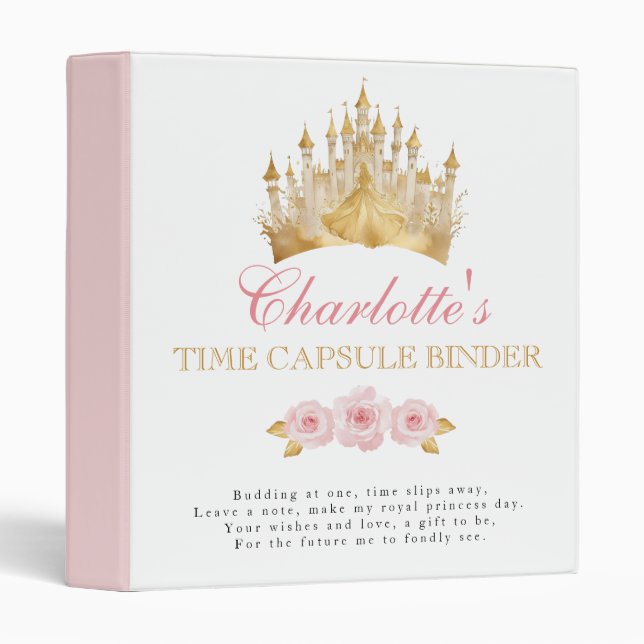 Pink Gold Princess 1st Birthday Time Capsule  3 Ring Binder (Front/Spine)