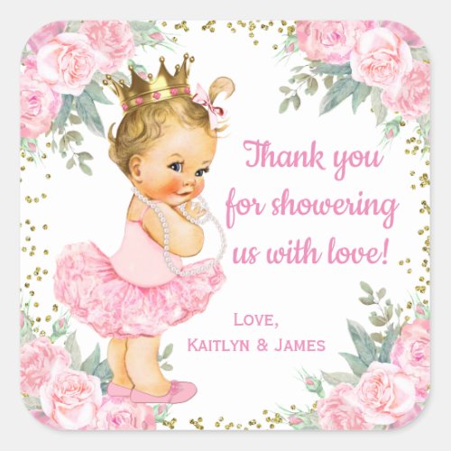 Pink Gold Princess Baby Shower Favor Stickers