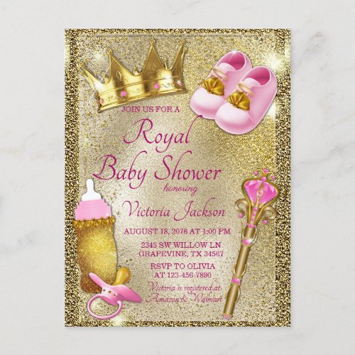 Pink Gold Princess Baby Shower Invitation Postcard