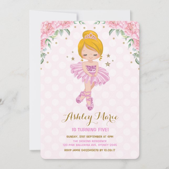 Pink Gold Princess Ballerina Tutu Birthday Invite (Front)