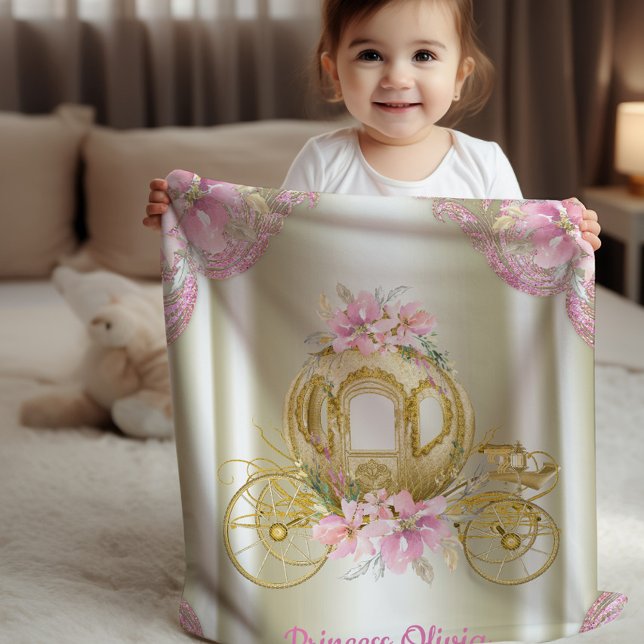 Pink Gold Princess Carriage Baby Blanket (Personalize with baby's name or the text of your choice.)