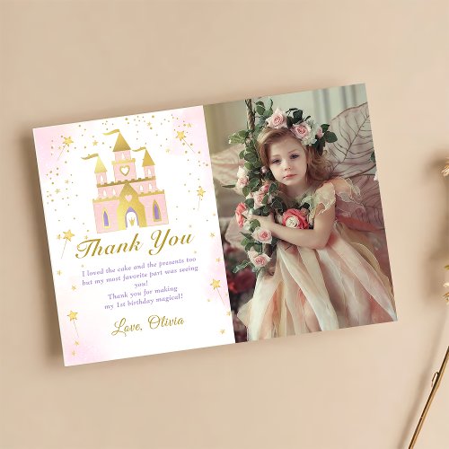 Pink Gold Princess Carriage Birthday Photo Thank You Card