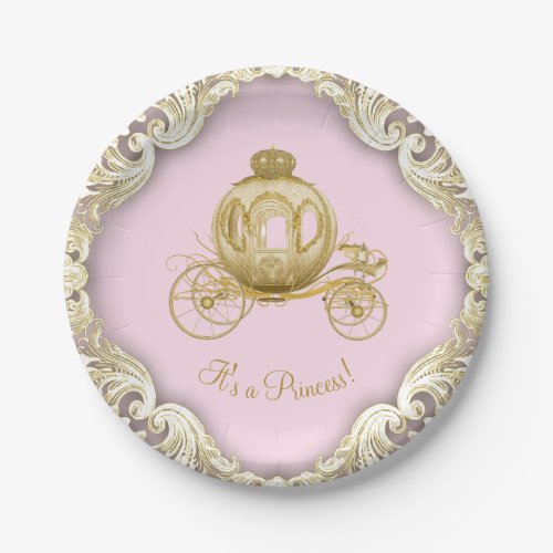 Pink Gold Princess Carriage Girl Baby Shower Paper Plates