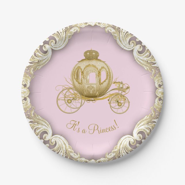 Pink Gold Princess Carriage Girl Baby Shower Paper Plates (Front)