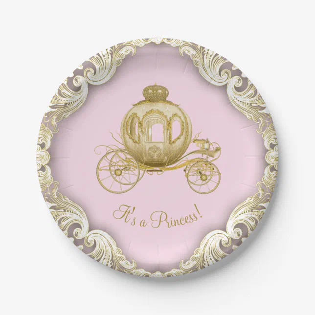 Pink Gold Princess Carriage Girl Baby Shower Paper Plates | Zazzle