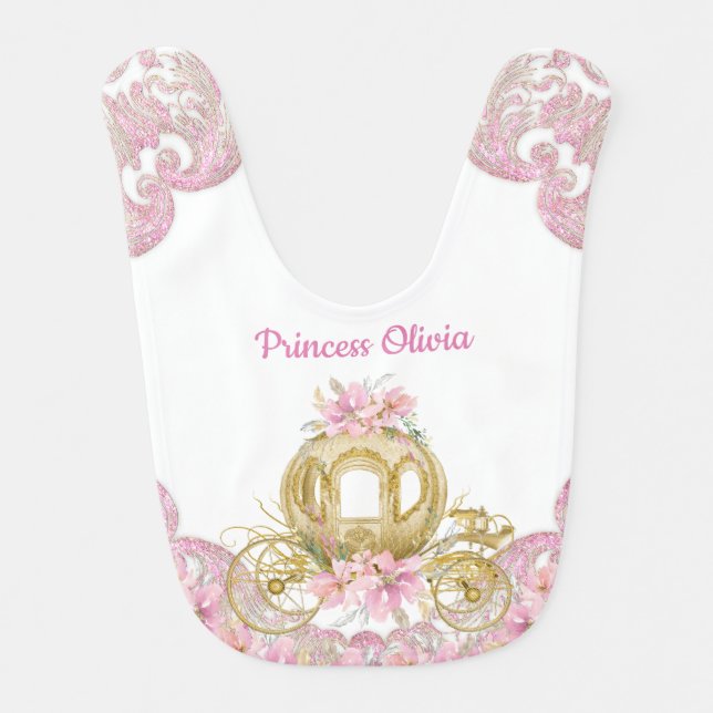 Pink Gold Princess Carriage Princess Baby Bib (Front)