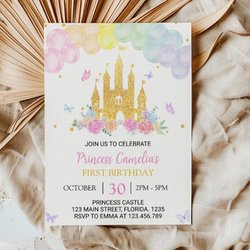 Pink Gold Princess Castle 1st Birthday Invitation