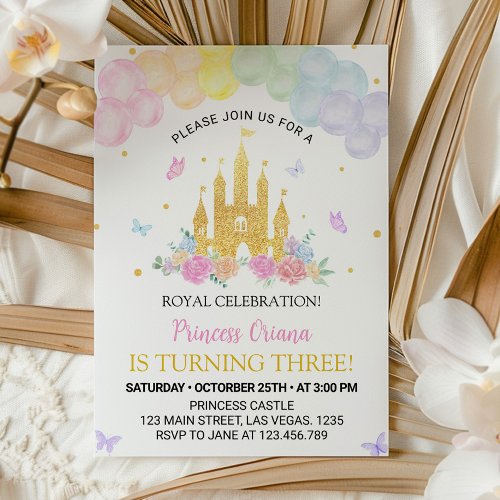 Pink Gold Princess Castle Birthday Invitation