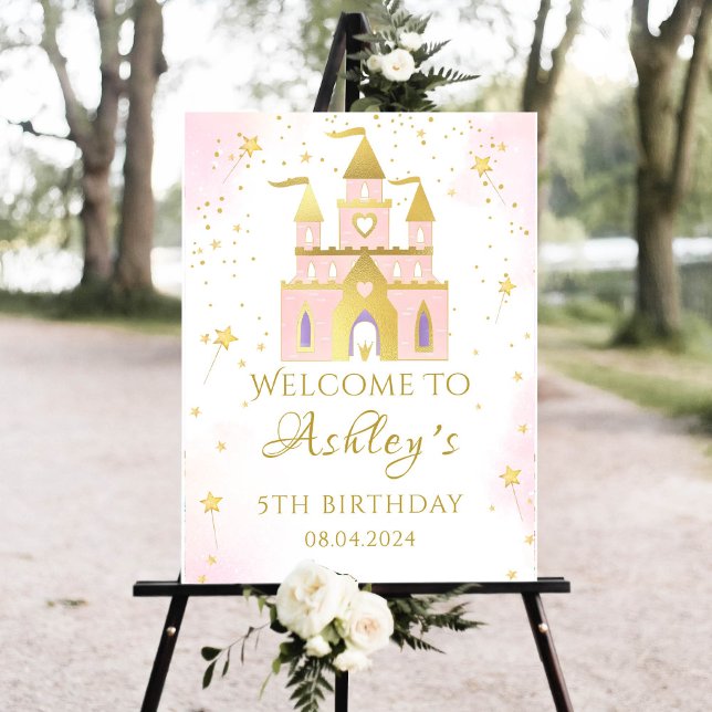 Pink Gold Princess Castle Birthday Party Welcome Foam Board (Creator Uploaded)