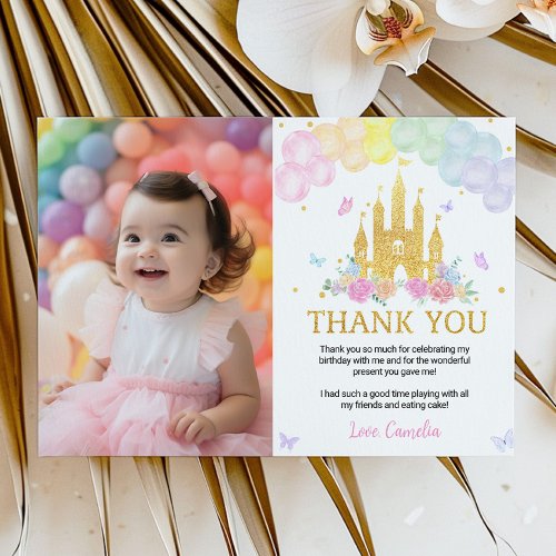 Pink Gold Princess Castle Birthday Thank You Card