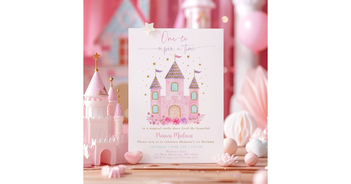 Pink Gold Princess Castle First Birthday Invitation | Zazzle