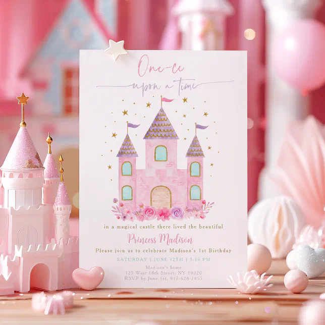 Pink Gold Princess Castle First Birthday Invitation | Zazzle