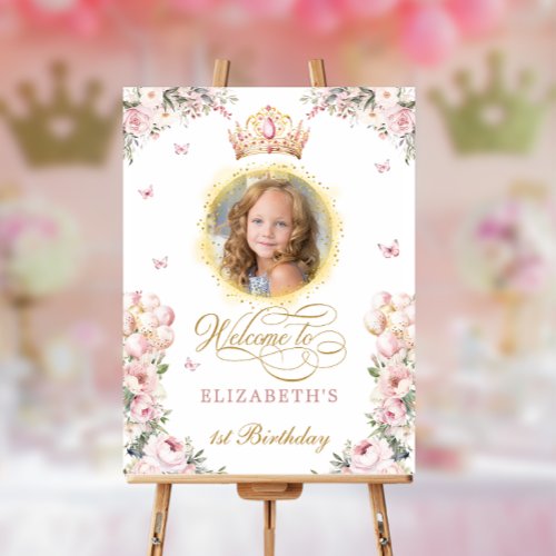 Pink Gold Princess Crown 1st Birthday Welcome Foam Board