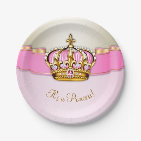 Pink Gold Princess Crown Baby Shower Paper Plates