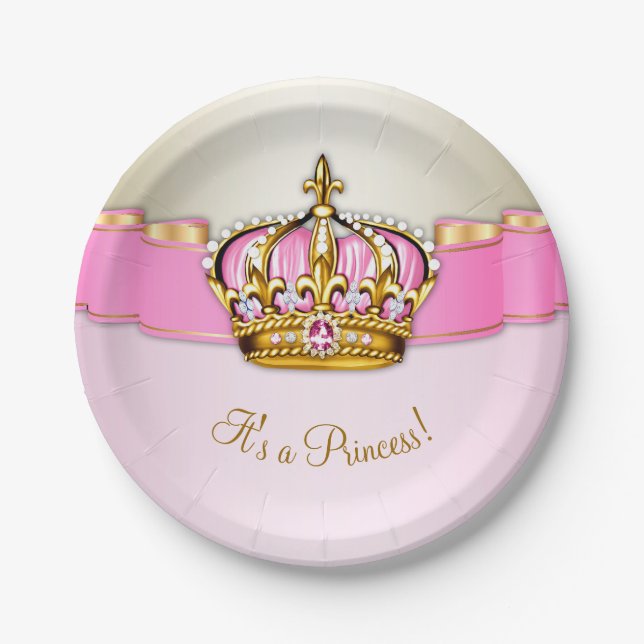 Pink Gold Princess Crown Baby Shower Paper Plates (Front)