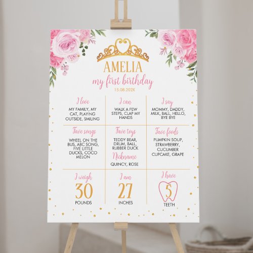 Pink Gold Princess Crown Birthday Milestone Sign