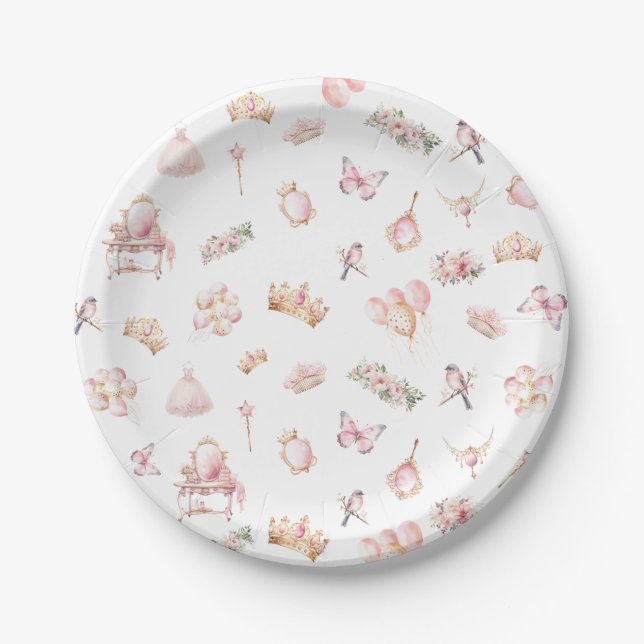 Pink Gold Princess Crown Birthday Party  Paper Plates (Front)
