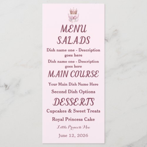 Pink Gold Princess Crown Butterfly Envelope Liner Menu