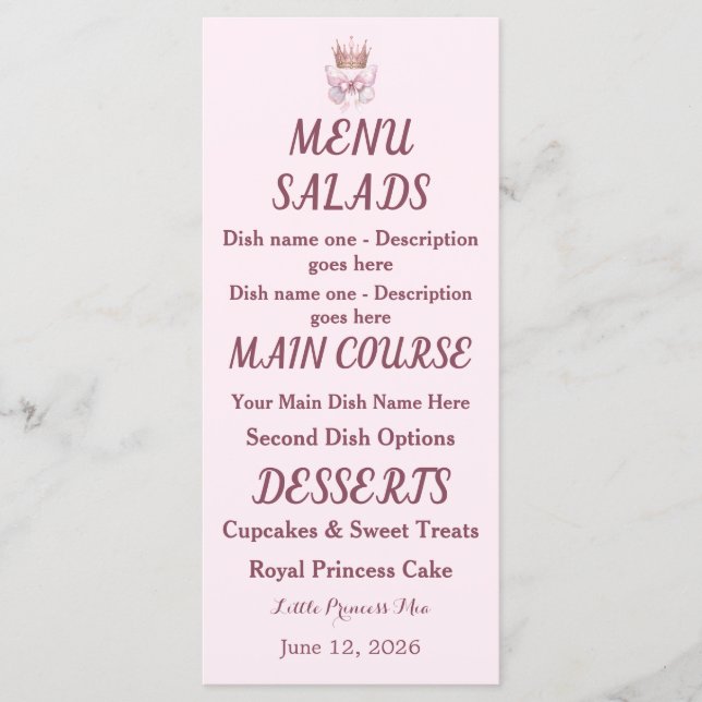 Pink Gold Princess Crown Butterfly Envelope Liner Menu (Front)