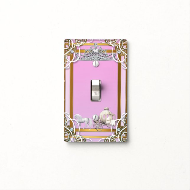 Pink Gold Princess Crown & Carriage Fairy Tale Light Switch Cover (In Situ)
