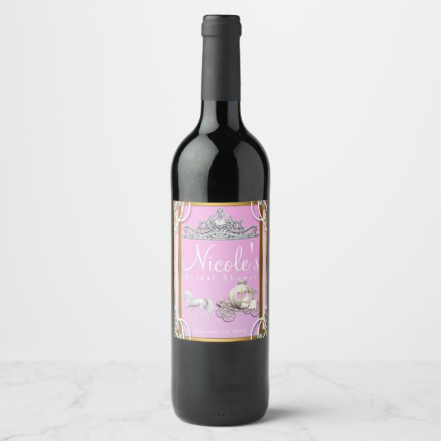 Pink Gold Princess Crown Carriage Fairy Tale Wine Wine Label (Front)