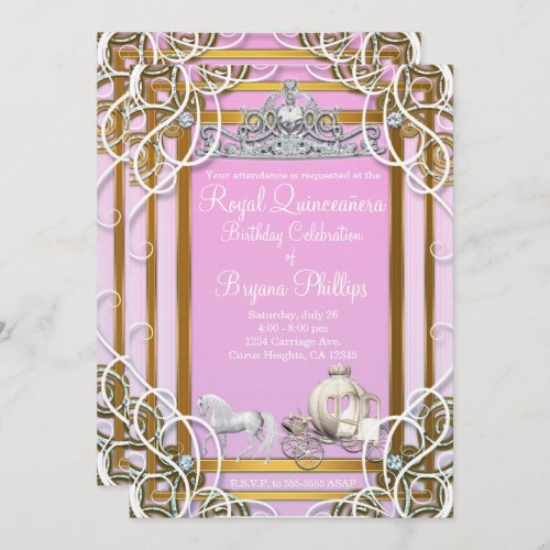 Pink Gold Princess Crown  Carriage Quinceaera Invitation