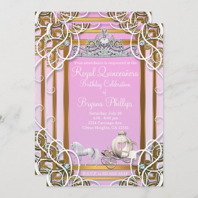 Pink Gold Princess Crown & Carriage Quinceañera Invitation (Front/Back)