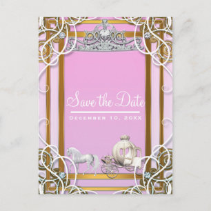 Pink Gold Princess Crown & Carriage Save the Date Announcement Postcard