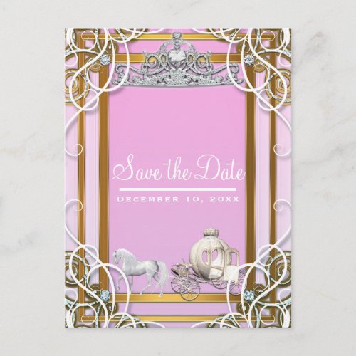 Pink Gold Princess Crown  Carriage Save the Date Announcement Postcard