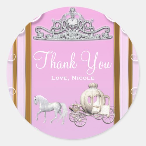 Pink Gold Princess Crown  Carriage Sweet 16 Party Classic Round Sticker