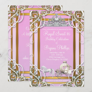 Pink Gold Princess Crown & Carriage Sweet 16 Party Invitation