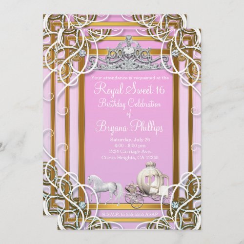 Pink Gold Princess Crown  Carriage Sweet 16 Party Invitation