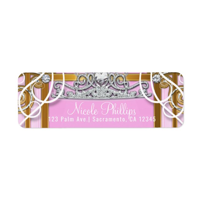 Pink Gold Princess Crown & Carriage Sweet 16 Party Label (Front)