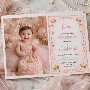 Pink Gold Princess Crown Fairytale 1st Birthday Invitation
