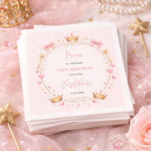 Pink Gold Princess Crown Fairytale 1st Birthday Napkins