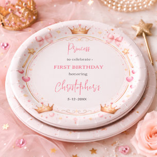 Pink Gold Princess Crown Fairytale 1st Birthday Paper Plates