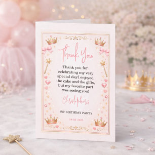 Pink Gold Princess Crown Fairytale 1st Birthday Thank You Card