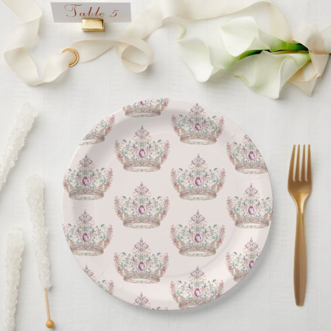 Pink Gold Princess Crown Fairytale Birthday Paper Plates (Wedding)