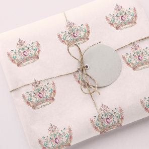 Pink Gold Princess Crown Fairytale Birthday Wrapping Paper