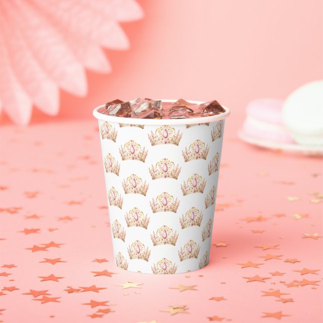 Pink Gold Princess Crown Girl Birthday Paper Cups (Insitu)