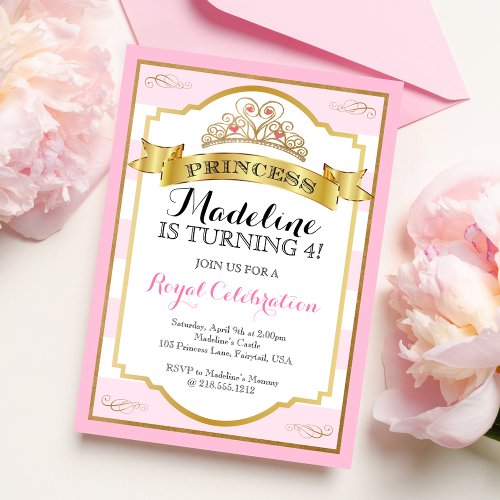 Pink Gold Princess Crown Princess Birthday Invitation