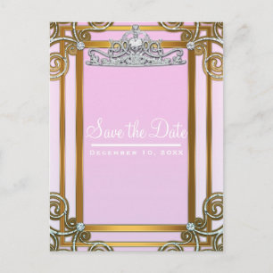 Pink & Gold Princess Crown Tiara Save the Date Announcement Postcard