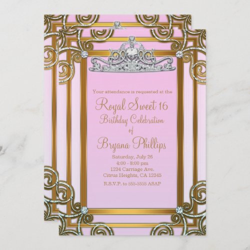 Pink  Gold Princess Crown Tiara Sweet 16 Party Invitation