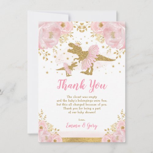 Pink Gold Princess Dinosaur Tutu Tiara Baby Girl Thank You Card