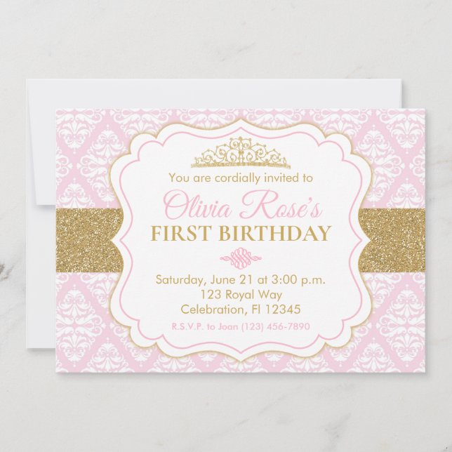 Pink & Gold Princess First Birthday Invitation (Front)