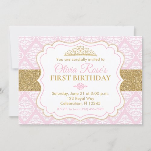 Pink  Gold Princess First Birthday Invitation