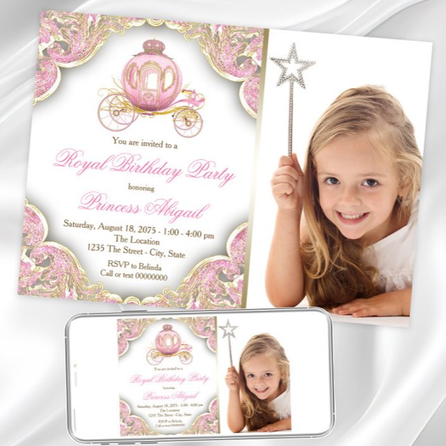 Pink Gold Princess Photo Birthday Party Invitation (Princess photo any number birthday invitation. Instant download and printed invitations available.)
