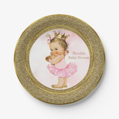 Pink Gold Princess Vintage Baby Girl Shower Party Paper Plates