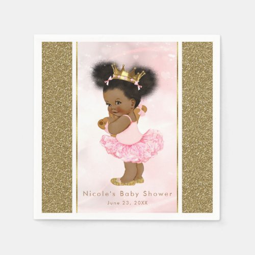 Pink Gold Princess Vintage Black Baby Girl Shower Paper Napkins