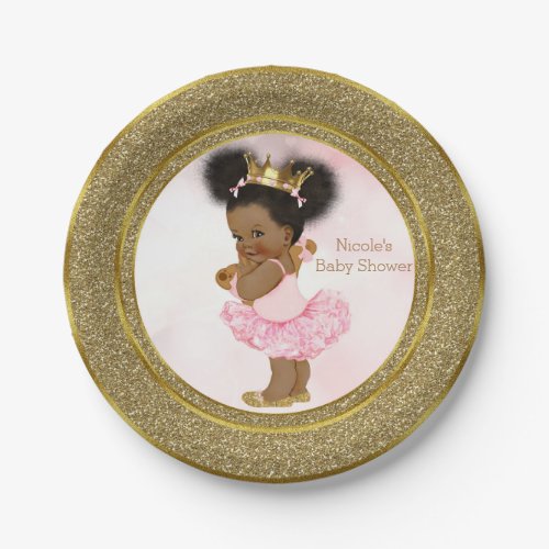 Pink Gold Princess Vintage Black Baby Girl Shower Paper Plates